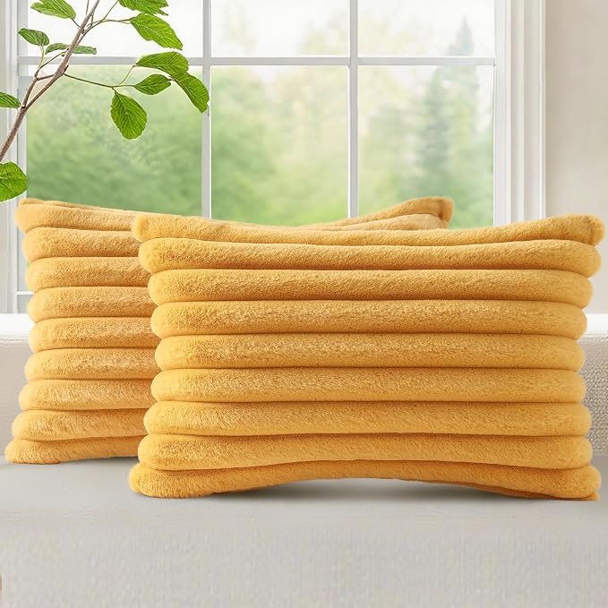 decorUhome Fall Faux Fur Throw Pillow Covers 12x20 Set of 2 Mustard Yellow | Decorative Soft Cozy Striped Plush Modern Farmhouse Boho Couch Pillow Cases Velvet Back for Sofa Bed Living Room Home Decor