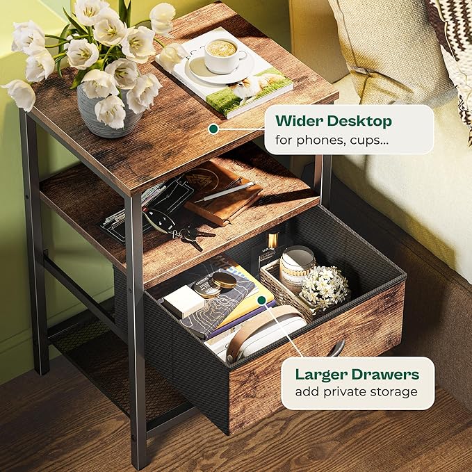 Huuger Nightstand Set of 2, Night Stand with Fabric Drawer, Mesh Shelf | Side Table with Storage, Fabric Drawer Dresser, Open Shelf, Metal Frame, Bedroom, Rustic Brown