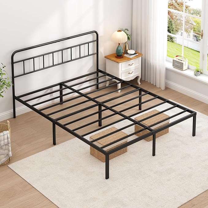 Full Bed Frame with Classin Headboard, Black | Strong Metal Slats Support,Under Bed Storage Space,No Box Spring Needed,Easy to Assemble