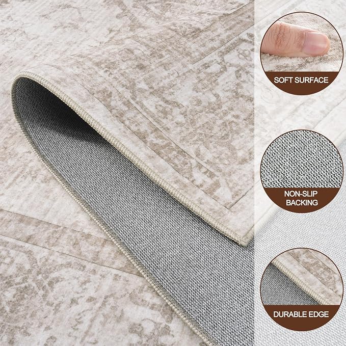 9x12 Washable Area Rugs for Living Room Beige Brown Non-Slip Rug | Vintage Medallion Rug，Soft Low Pile Large Rugs，Indoor Retro Carpet for Bedroom Nursery Dining Table Farmhouse Home Office