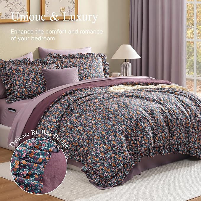 Queen Comforter Set-7 Pieces Floral Ruffle Bedding Set | Purple Ditzy Bed in a Bag, Soft Lightweight All Season Farmhouse Queen Bedding Sets with Sheets, Pillowcases & Shams