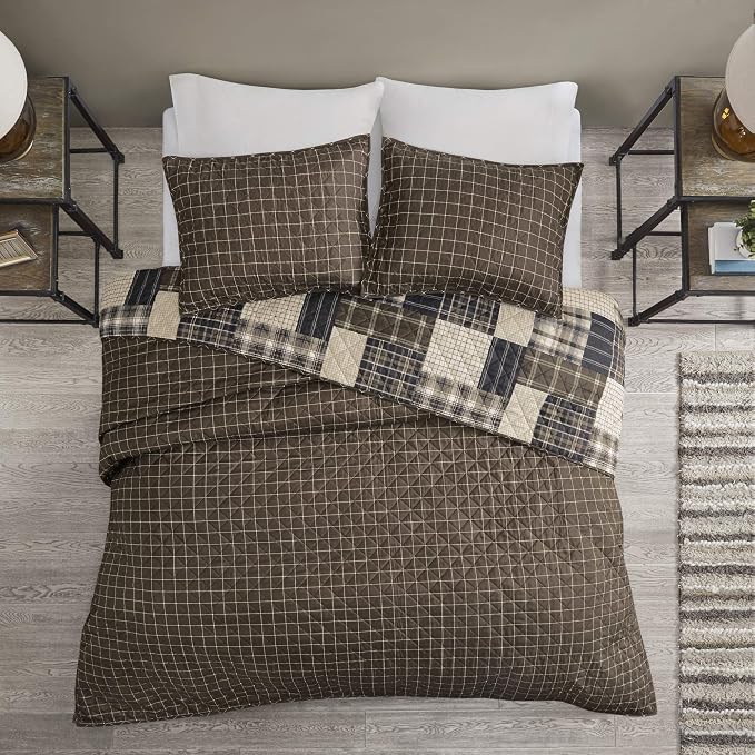 Madison Park Reversible Quilt Cabin Lifestyle Plaid Design - All Season, Breathable Coverlet Bedspread Bedding Set, Matching Shams, Timber Black/Brown Full/Queen(90"x90") 3 Piece | Diamond Quilted, Reversible Coverlet Set, Plush Cotton Filled, Lightwei...