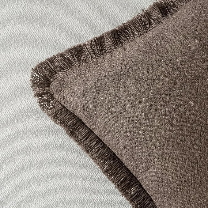 MIULEE Linen Fringe Decorative Fall Euro Throw Pillow Covers Coffee 22x22 | Set of 2, Cottagecore Decor, Boho Farmhouse Neutral Pillow Covers, Rustic Fall Couch Cushion Cases for Sofa Bed Living Room