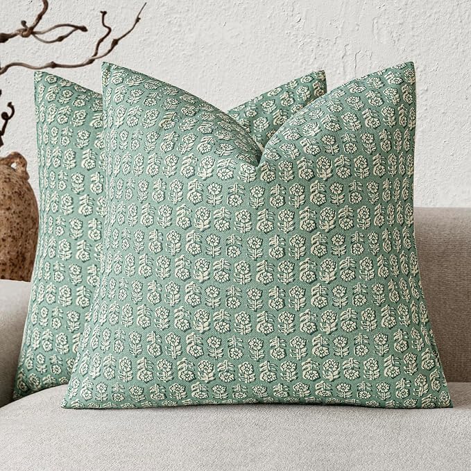 Foindtower Set of 2 Decorative Neutral Floral Print Throw Pillow Covers Vintage Accent Farmhouse Cushion Covers Boho Home Decor for Sofa Couch Chair Bedroom Living Room Outdoor,22×22 Inch,Aqua Blue