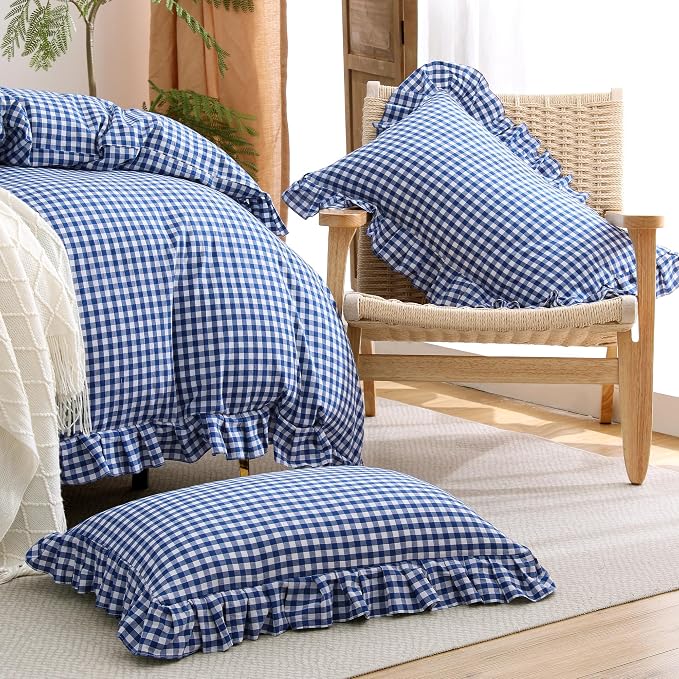 ATsense Navy Blue Gingham Ruffle Duvet Cover Set Cotton Like Linen, Queen | 100% Washed Cotton Linen-Like Feel Soft, Breathable & Comfy. Farmhouse Bedding Set with Zipper & 8 Ties. 3 Pcs, No Insert