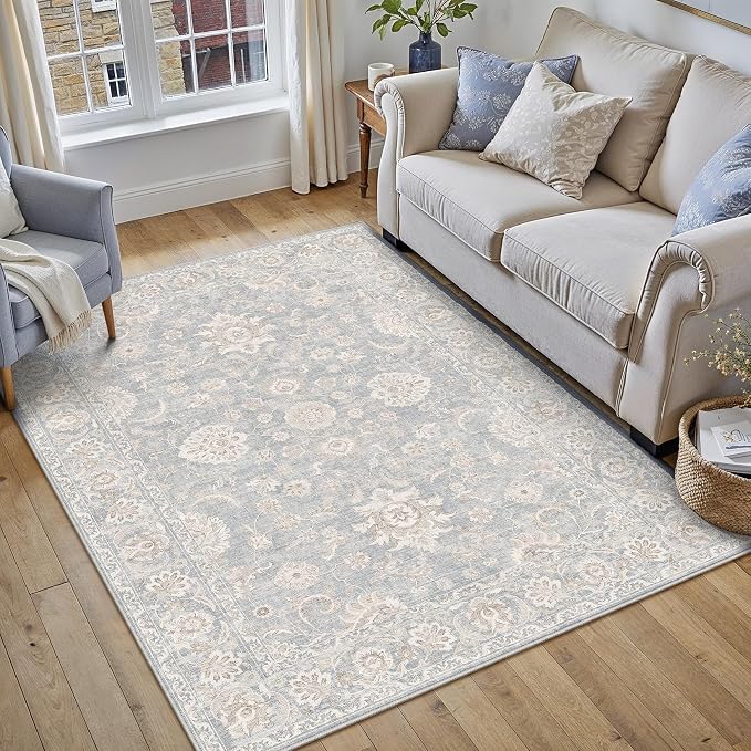 4x5 Blue Cream Neutral Area Rug | Washable, Vintage, Soft, Non Slip, Low Pile, Distressed, Carpet for Living Room Bedroom Dining Room Nursery Home Decor