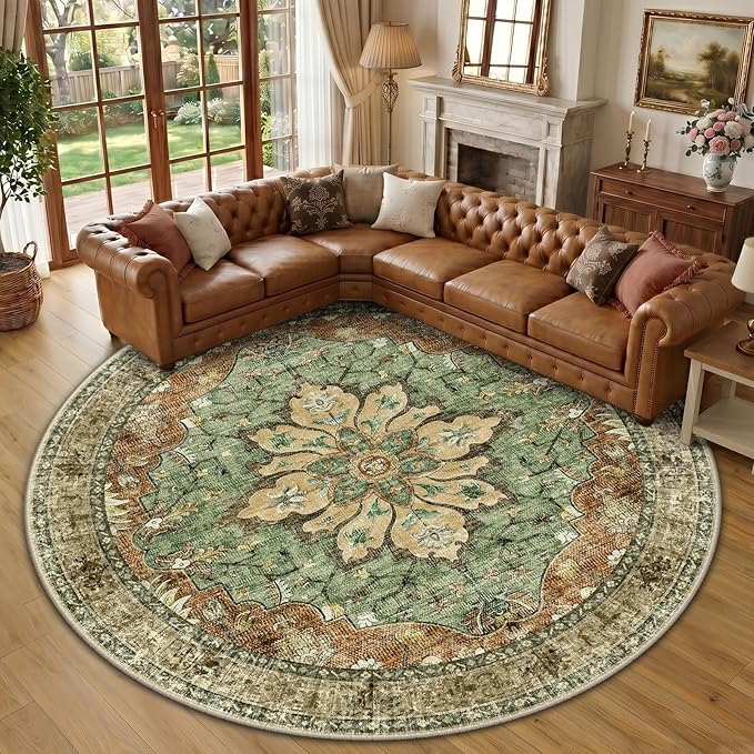 RELEANY Washable Area Rug, Round 10ft, Brick/Brown/Green | Non-Slip, Water Repellent, Pet Friendly, Easy to Clean, Vintage Floral Boho Decor for Living Room Bedroom Dining Room
