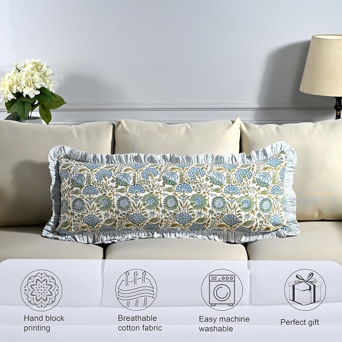 Ridhi Block Print Asparagus Green Ruffle Lumbar Pillow Shams, 36" x 14" | 100% cotton, Floral Pillowcase, Cushion Cover, Hidden Zipper, Cottagecore Bedding, farmhouse boho style, fits couch, sofa,Bed