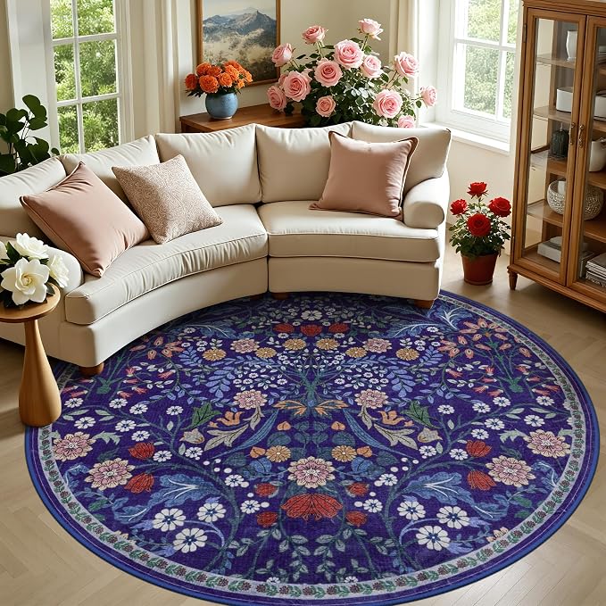 PLHXFR Round Area Rug Living Room: 8 ft Floral Washable Soft Carpet Blue | For Bedroom Dining Room Farmhouse Nursery Hallway,Vintage Floral,Machine washable,Non Slip,Stain Resistant,Large Indoor
