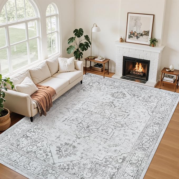 5x7 Washable Area Rugs for Bedroom Grey Non-Slip Rug | Vintage Medallion Rug，Soft Low Pile Large Rugs，Indoor Retro Carpet for Bedroom Nursery Dining Table Farmhouse Home Office