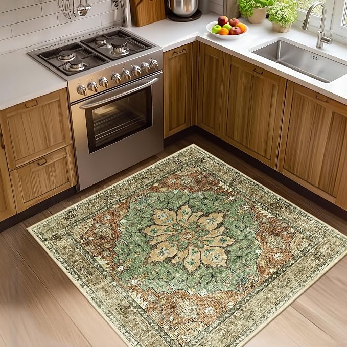 RELEANY Washable Area Rug, Square 4'x4', Brick/Brown/Green | Non-Slip, Water Repellent, Pet Friendly, Easy to Clean, Vintage Floral Boho Decor for Living Room Bedroom Entry Office