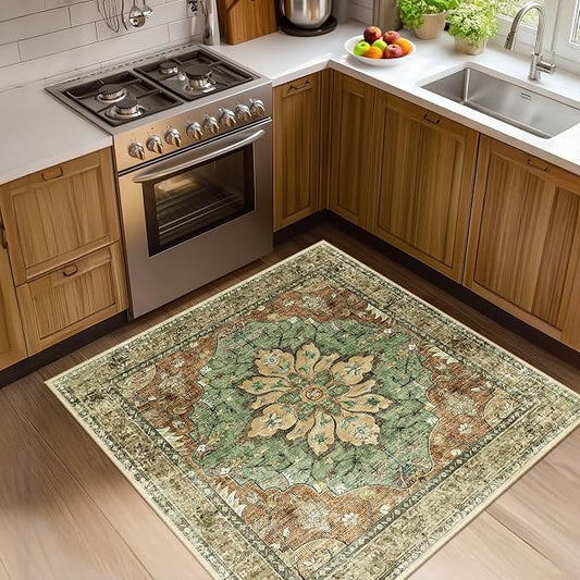 RELEANY Washable Area Rug, Square 4'x4', Brick/Brown/Green | Non-Slip, Water Repellent, Pet Friendly, Easy to Clean, Vintage Floral Boho Decor for Living Room Bedroom Entry Office