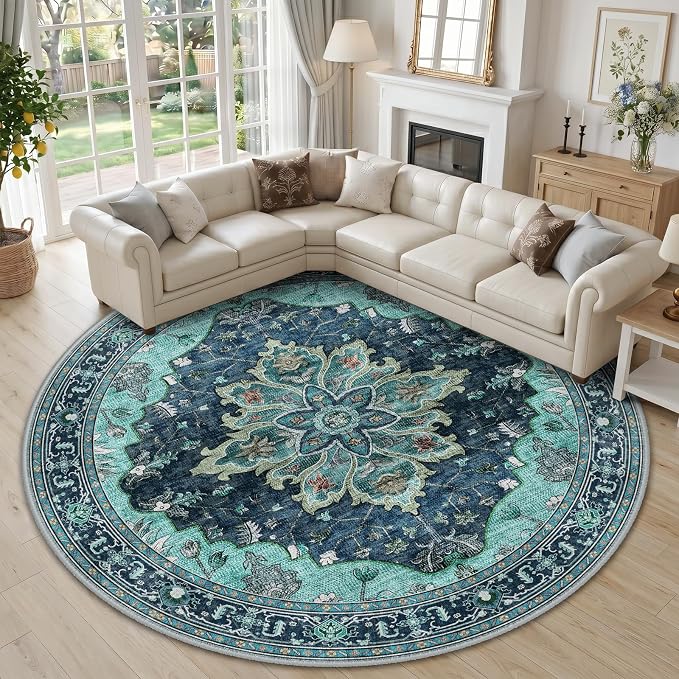 RELEANY Washable Area Rug, Round 10ft, Teal | Non-Slip, Water Repellent, Pet Friendly, Easy to Clean, Vintage Floral Boho Decor for Living Room Bedroom Dining Room