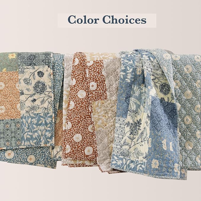Oversized Queen Quilt Set-3 Pieces Soft Bedspread Floral Patchwork Quilt | Lightweight Blue Quilt, Reversible Vintage Floral Bedding Set, All Seasons Bed Coverlet with 2 Pillow Shams, 102"x110"