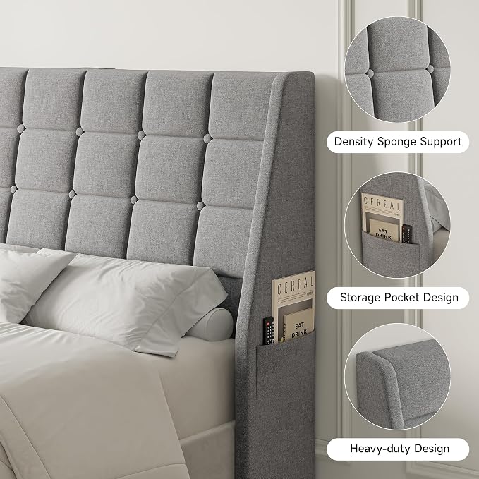 Queen Size Headboard with Charging Station, Wingback Ergonomic Headboards | Wingback Upholstered Bed Head Board with Storage Pocket, Sturdy Stable Solid Wood Headboard, Bed Frame Adapters, Light Grey