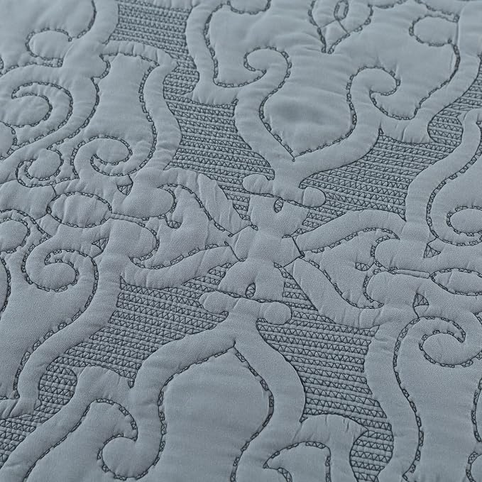 Reversible Quilt Bedspread Embroidered Microfiber Coverlet Set,Jacquard Embossed Floral,Grey, King Size
