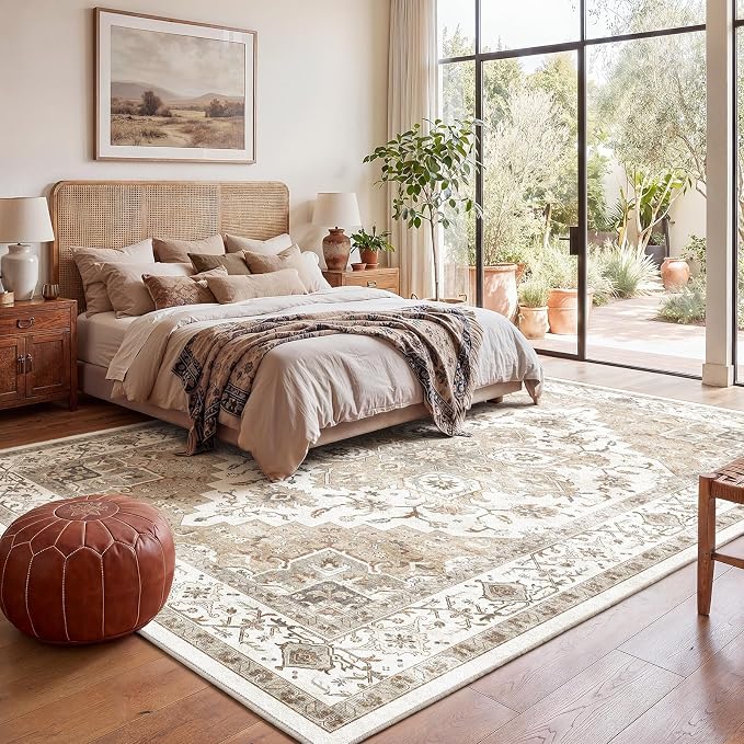 AMADA HOMEFURNISHING 9x12 Area Rugs, Low-Profile Large Washable Area Rug with Non-Slip Backing & Durable Edge Binding, Vintage Rugs for Living Room, Bedroom & Dinning Room