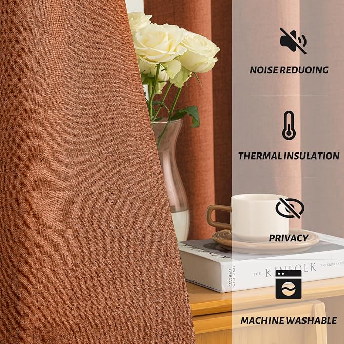 Yakamok Burnt Orange Linen Curtains 63 Inches Long for Living Room | 100% Blackout Curtains,Room Darkening Curtains,Thermal Grommet Bedroom Curtain 2 Panels with Greyish White Liner,52W x 63L
