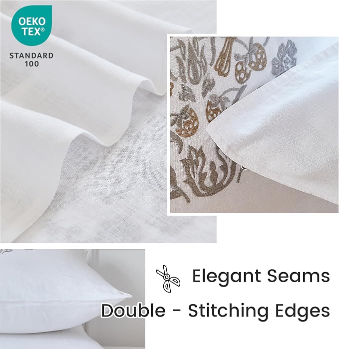 Simple&Opulence 100% Linen Euro Shams 26'' x 26'' Pack of 2, Embroidery Rosefinch Design Natural Flax Farmhouse Decorative Square Throw Pillow Covers for Bed Couch Sofa - White