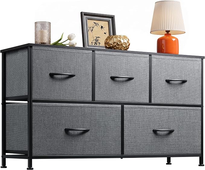 WLIVE Wide Dresser for Bedroom, 5 Drawer Chest of Drawers, Dark Grey | 5 roomy fabric drawers, Wide storage design, Bedroom or closet use, Sturdy steel frame, Smooth wood tabletop