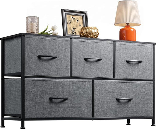 WLIVE Wide Dresser for Bedroom, 5 Drawer Chest of Drawers, Dark Grey | 5 roomy fabric drawers, Wide storage design, Bedroom or closet use, Sturdy steel frame, Smooth wood tabletop