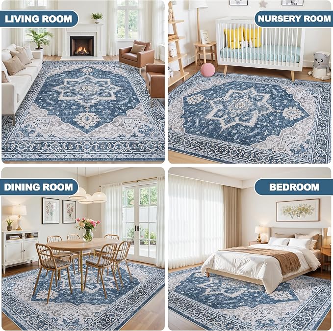 9x12 Washable Area Rugs for Living Room Blue Non-Slip Rug | Vintage Medallion Rug，Soft Low Pile Large Rugs，Indoor Retro Carpet for Bedroom Nursery Dining Table Farmhouse Home Office