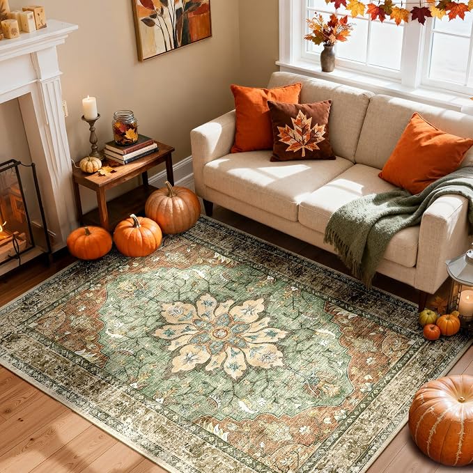 RELEANY Washable Area Rug, 4'x6', Brick/Brown/Green | Non-Slip, Water Repellent, Pet Friendly, Easy to Clean, Vintage Floral Boho Decor for Living Room Bedroom Kitchen Office