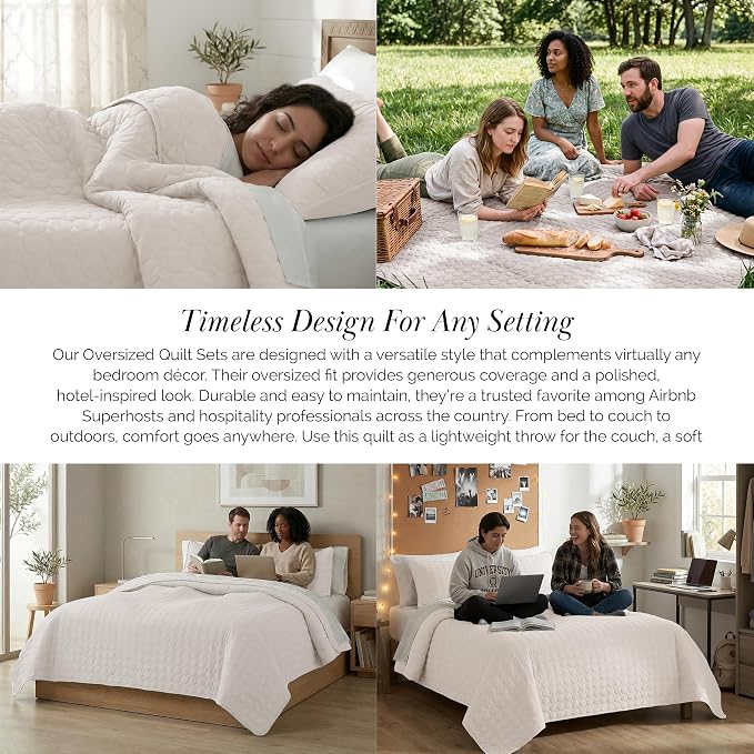 Southshore Fine Living, Inc. Quilted Summer Bedspread, Summer Bedding Sets Queen with 2 Quilted Pillow Shams, Geometric Circle Design Coverlet Queen/Full Size Bedspread, Lightweight Quilt, Bone
