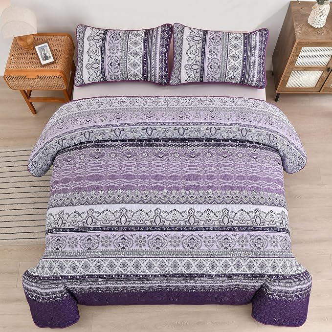WONGS BEDDING Boho Quilt Queen Size,3 Pcs Purple Bedspread Bedding Set | Colorful Bohemian Striped Printed Bedding for All Season, Lightweight Microfiber Coverlet Set with 2 Pillowcases(96"x90")