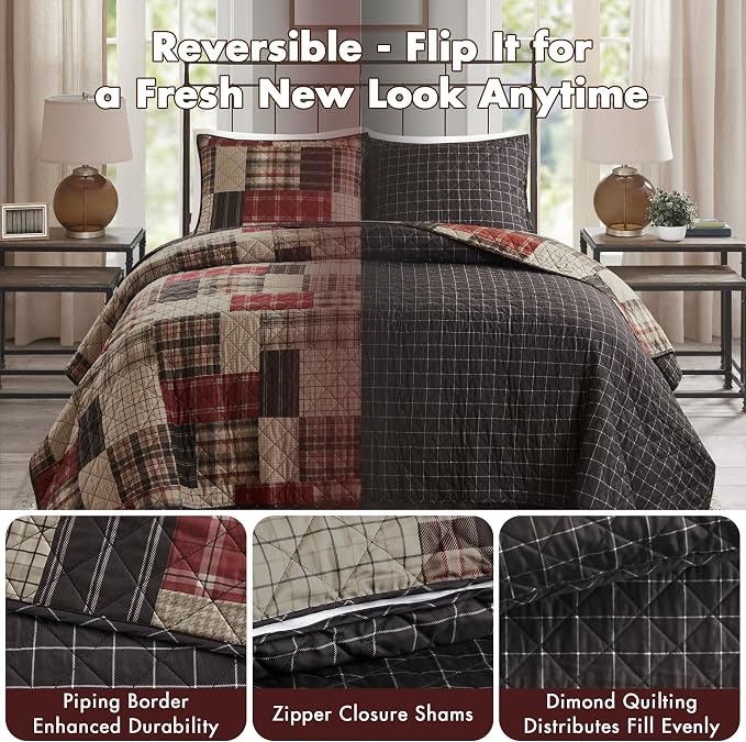 Madison Park Patchwork Farmhouse Red/Black King Quilt Set, 3pc | Diamond Quilted, Reversible Coverlet Set, Plush Cotton Filled, Lightweight, Machine Washable, Easy Care, All-Season, Cozy