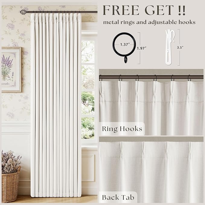 TWODRAPES Ivory 94 Inch Long Blackout Curtains Thick Linen Pinch Pleated | Light Blocking, Energy Saving, Pinch Pleat Back Tab, 94 Inch Window Drapes Cream White, for Bedroom Living Room, 2 Panels