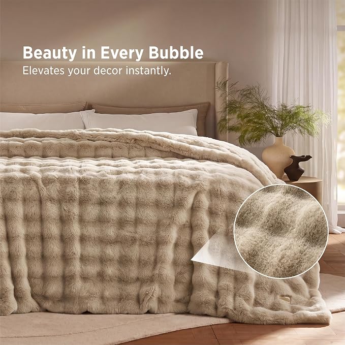 Bedsure GentleSoft Bubble Faux Fur King Size Blanket for Bed, Fluffy Fuzzy King Blanket for Winter, Soft Cozy Faux Fur Bedding Thick Warm Plush Decor for Bedroom, Beige, 104x90