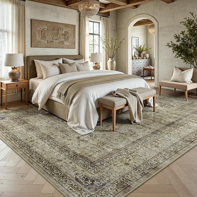 8x10 Area Rugs for Living Room - Washable Vintage Retro Large Rug, Soft Ultra Thin Non Slip Low Pile Traditional Distressed Boho Carpet for Bedroom Dining Room Home Office, Beige Brown