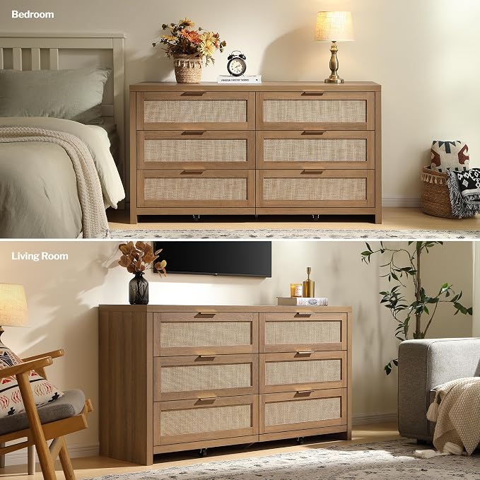 SICOTAS Rattan Dressers for Bedroom Set 2, Large 6 Drawer Dresser | Long Chest of Drawers, Dresser Farmhouse TV Stand for Bedroom, Living Room, Nursery, Closet, Reclaimed Caramel Oak, 2 Pieces