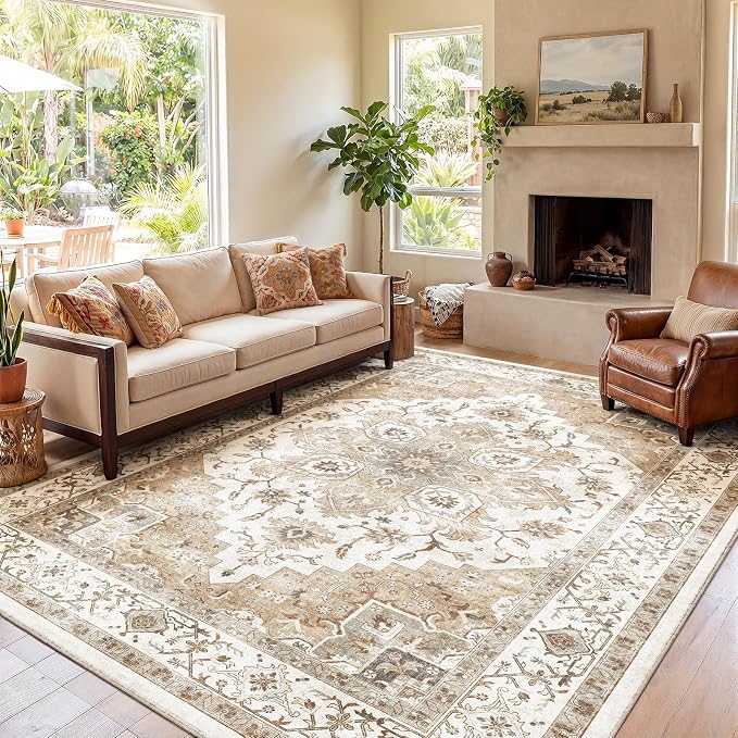 AMADA HOMEFURNISHING 9x12 Area Rugs, Low-Profile Large Washable Area Rug with Non-Slip Backing & Durable Edge Binding, Vintage Rugs for Living Room, Bedroom & Dinning Room