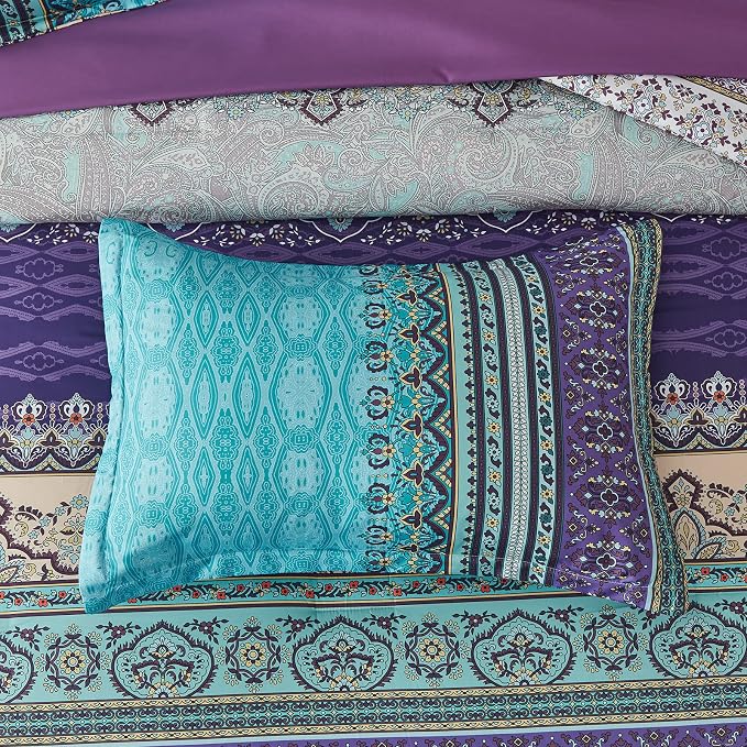 Cottolester Boho Comforter Set King Size 8 Piece Bed in a Bag Bohemian Striped Bedding Quilt Set Aqua Paisley Floral Comforter and Sheet Set,Soft Microfiber Complete Bedding Sets for All Season
