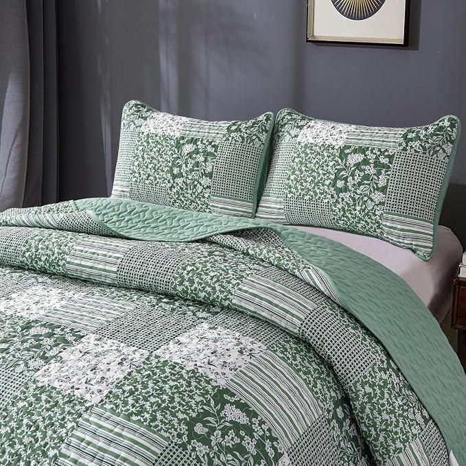 Mybedsoul Green Quilt Set Full Size, Patchwork Floral Bedding Set | Soft Lightweight Microfiber Coverlet Set, 3 Pieces Plaid Reversible Bedspread, Bed Sets for All Seasons 78"x90"