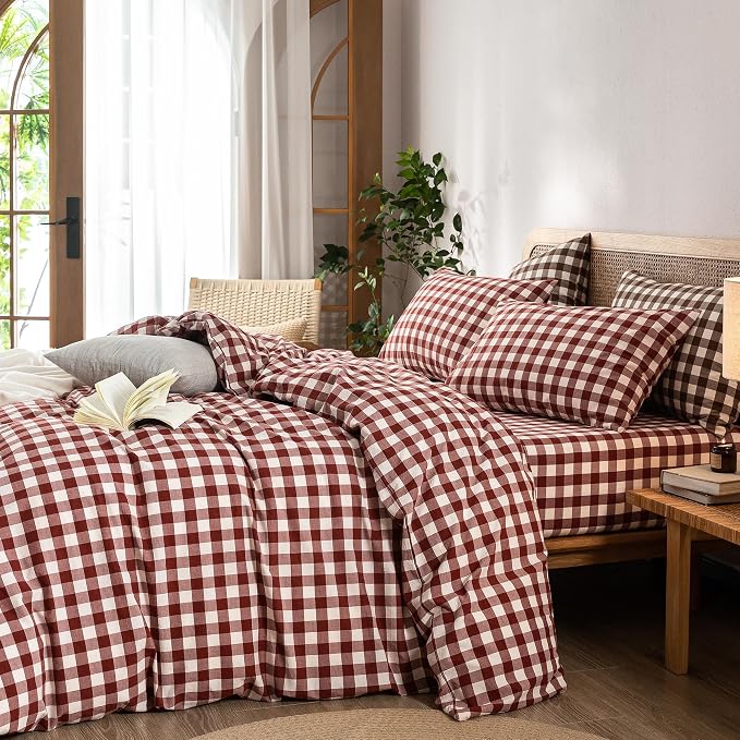 BESTOUCH Gingham Cotton Duvet Cover Set Fired Brick Red Full | Washed Cotton, Linen Feel, Soft Wrinkle Texture, Hidden Zipper, 8 Ties, Breathable Lightweight Durable Comfy, 3 Pcs No Insert