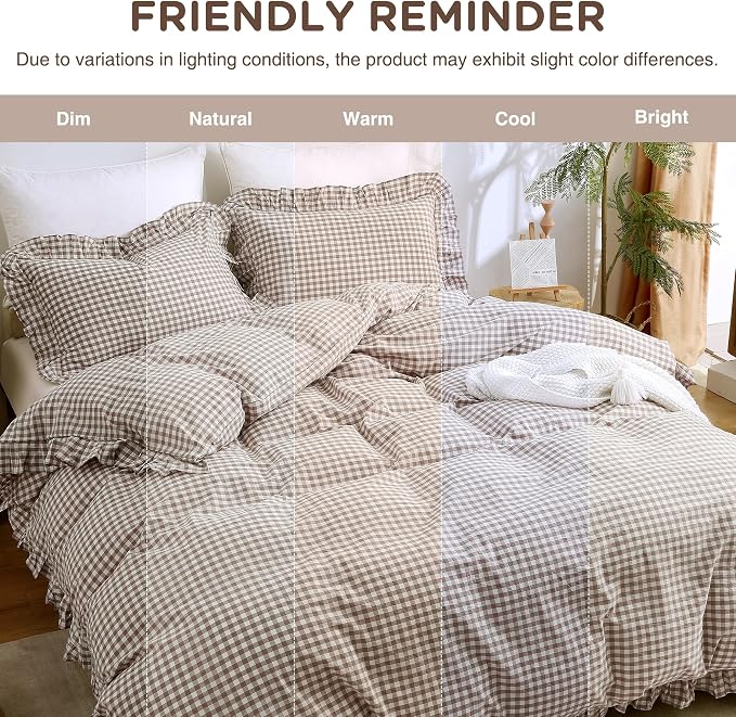 ATsense Tan Gingham Ruffle Duvet Cover Bedding Set Cotton Like Linen, King | 100% Washed Cotton Linen-Like Feel Soft, Breathable & Comfy. Fall Vintage Farmhouse Decor, Zipper & 8 Ties. 3 Pcs, No Insert