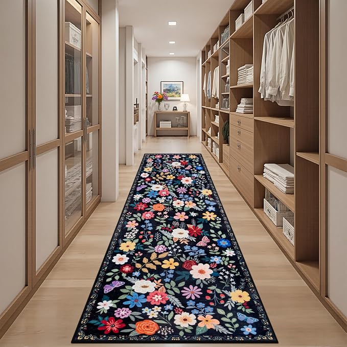 PLHXFR 2.6x10 Washable Runner Rug：Floral Indoor Kitchen Soft Carpet Black | For Hallway Bedroom Kitchen Laundry Bathroom Dorm,Vintage Floral,Machine washable,Non Slip,Stain Resistant,Indoor Floor