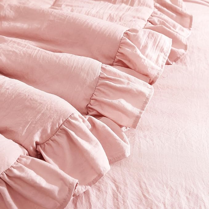 Queen Comforter Set-7 Pieces Ruffle Bedding with Floral Sheet | Soft Pink Bed in a Bag, Soft Lightweight All Season Farmhouse Queen Bedding Sets with Floral Sheets, Pillowcases & Shams