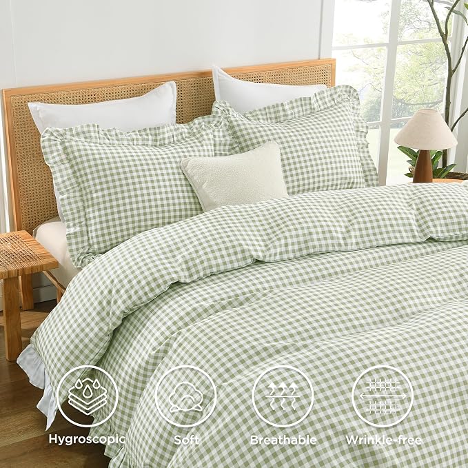 Andency Sage Gingham Duvet Cover King, Ruffle Shabby Chic Bedding Set 3 Pcs | Farmhouse Soft Pre-Washed Polyester Comforter Cover with Zipper Closure & Corner Ties, 104x90Inch