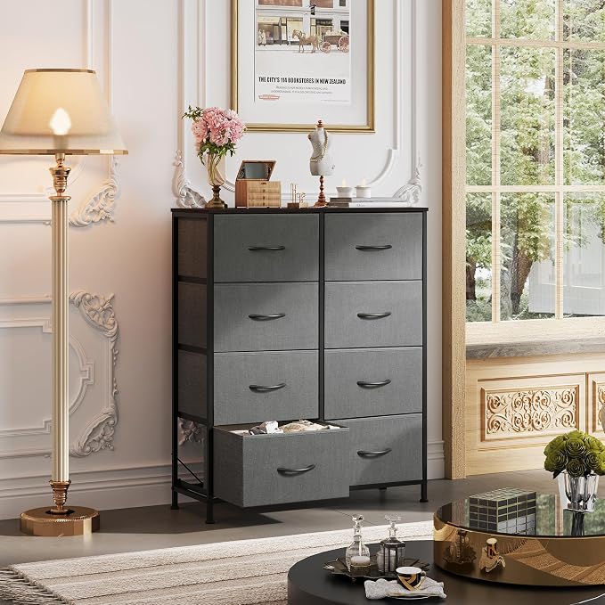 WLIVE Fabric Dresser for Bedroom, Tall Dresser with 8 Drawers, Storage Tower with Fabric Bins, Double Dressers, Chest of Drawers for Closet, Living Room, Hallway, Dark Gray | 8-drawer tall storage tower with fabric bins and wood tabletop, breathable no...