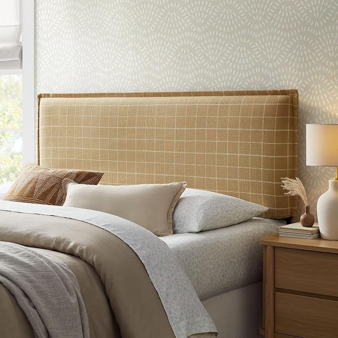 Modway Camille Full Size Checkered Linen Blend Plaid Headboard with Removable Slipcover – in Artichoke Windowpane Check - Padded Pillow Style Headboard with Adjustable Mounting for Full Beds