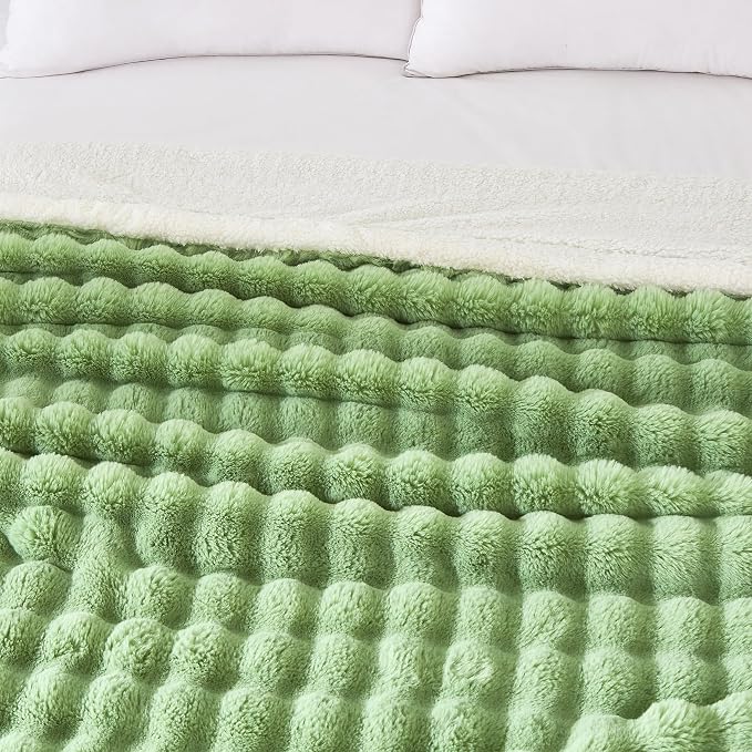 60x80 Inches Ultra-Soft Fuzzy Faux Fur Plush Twin Size Blanket - Thick, Warm Sherpa for Couch, Sofa, Bedroom, Camping - Decorative Blanket for Cozy Warmth, Bubble Light Green