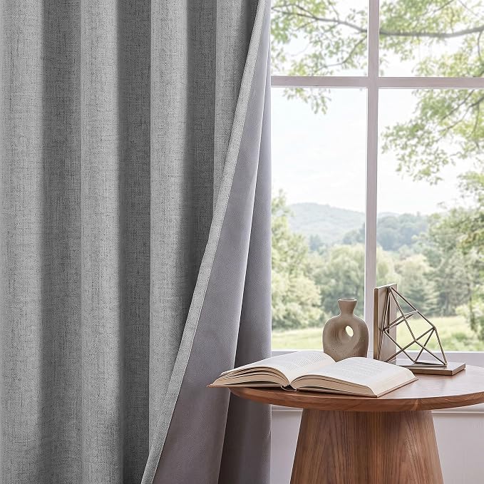 Deconovo 100% Blackout Curtains for Bedroom, Linen Textured Thermal Insulated Drapes with 20 Clip Rings, Noise Reducing Curtains for Nursery, Set of 2, Grey, 100" W x 84" L (Pack of 1)