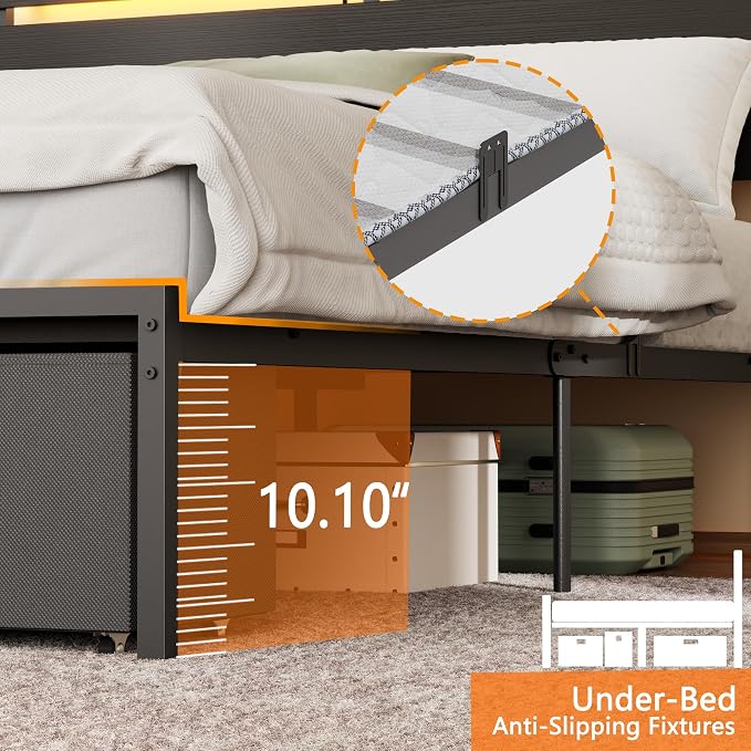 Forestell Twin Bed Frame with Wood Headboard,2 Storage Drawers & Shelf | Built-in Charging Station & LED Lights, Metal Support, No Box Spring Needed, noise-free, easy assembly, Smart RGB, USB+Type-C