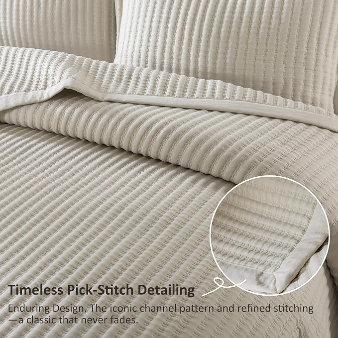 WDCOZY Beige King Size Quilt Set, Striped Pick Stitch Bedspread | Lightweight Soft Channel Coverlet, Spring Summer Thin Comforter, Farmhouse Rustic Country Bedding