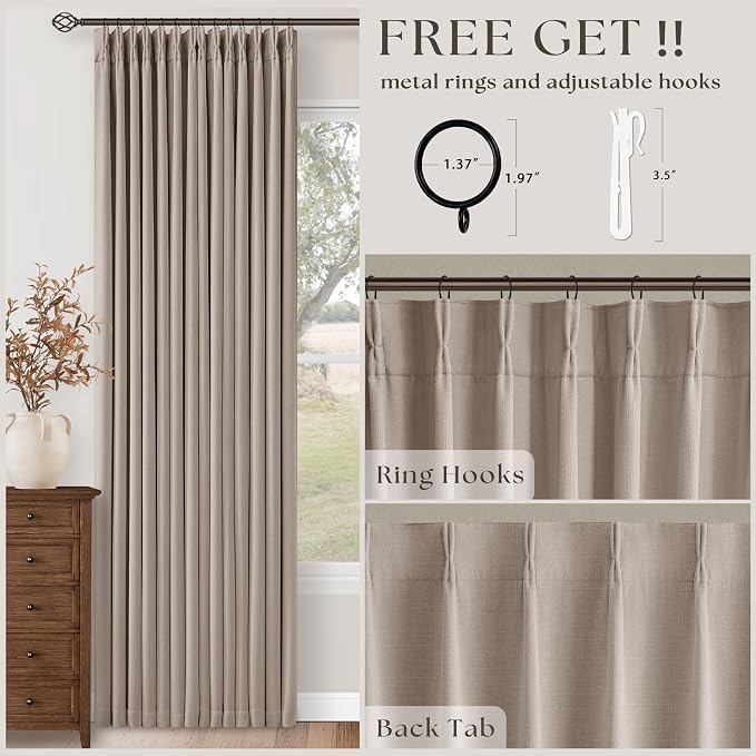 TWODRAPES 108 Inch Pinch Pleat Greyish Beige Room Darkening Curtains | 100% Blackout, Thick Linen Pleated Curtains Double Layer, for Bedroom, Neutral Farmhouse, 2 Panels Set Burlywood Birch
