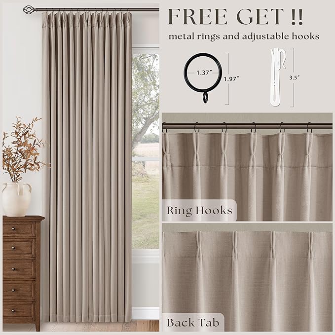 Burlywood Birch Linen Pinch Pleated Blackout Bedroom Curtains 84 Inch Long | Room Darkening, 100% Black Out, Pinch Pleat Drapes with Liner, Farmhouse Neutral, Curtains for Dining Living Room Bedroom